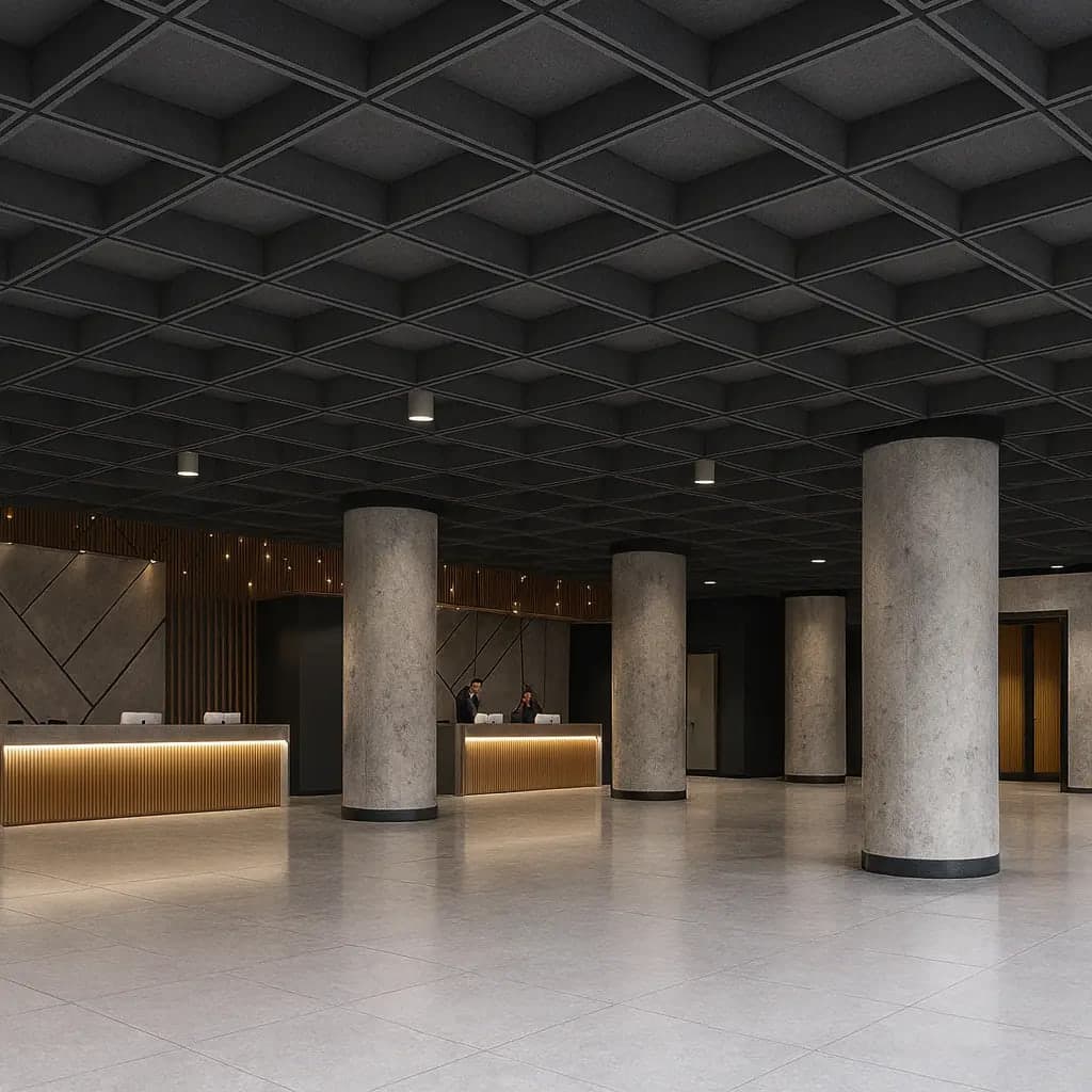 Hall de doble altura con el cielorraso acústico artesonado de punta a punta