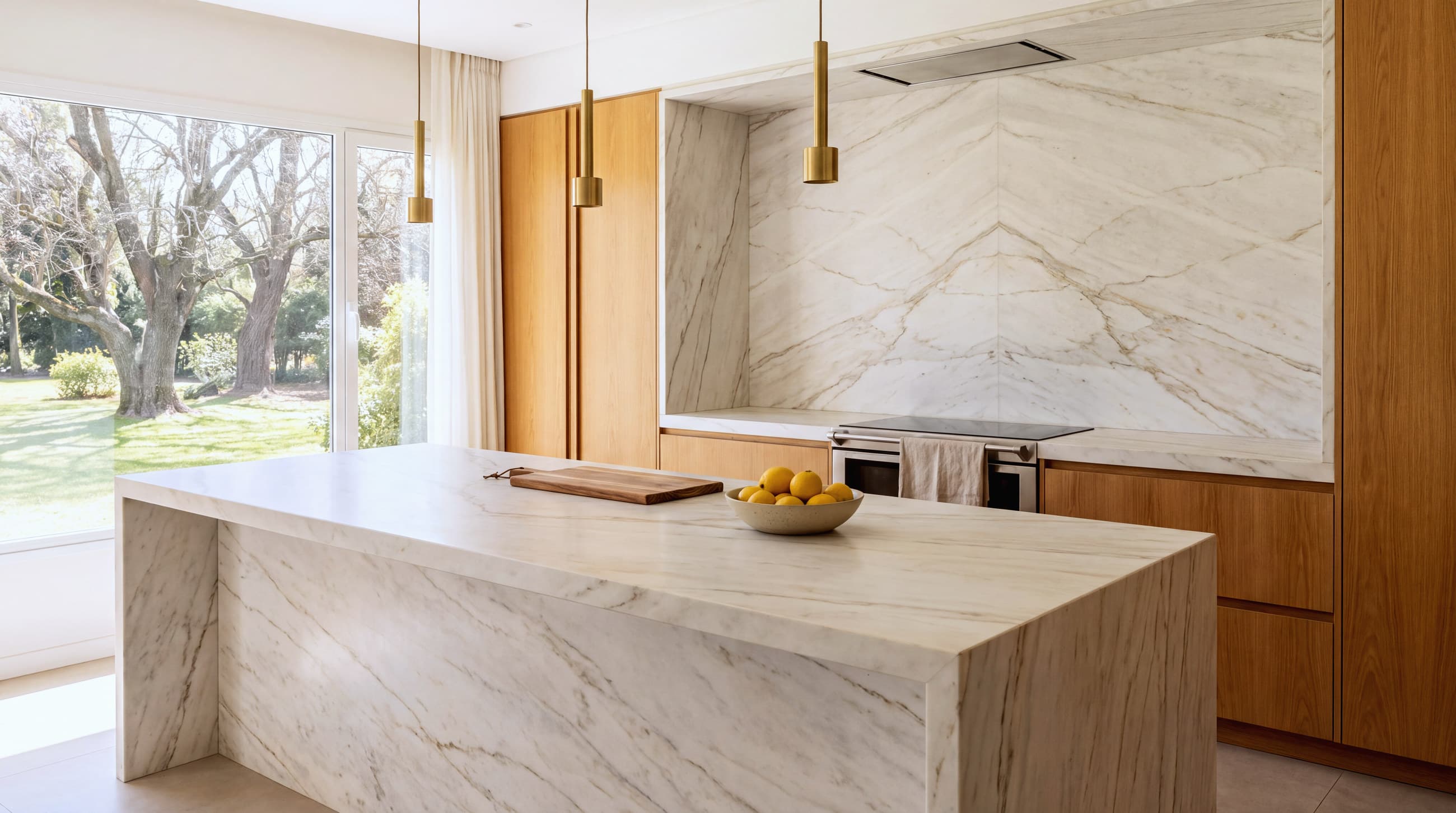Cocina con isla maciza de mármol blanco veteado y el paño de la misma piedra en book-match sobre la pared