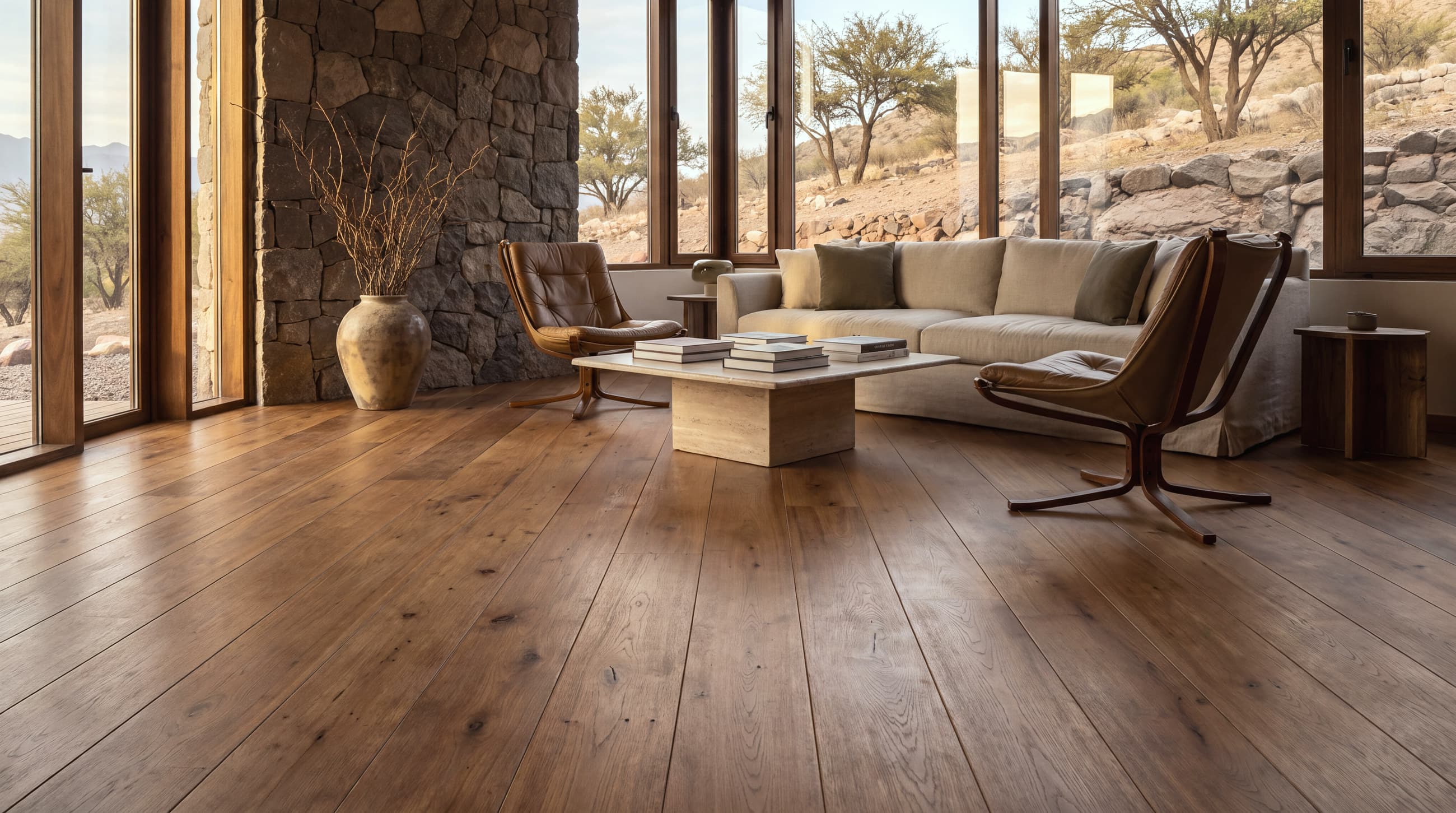 Living con piso de madera de tabla ancha, pared de piedra y ventanal abierto a la precordillera