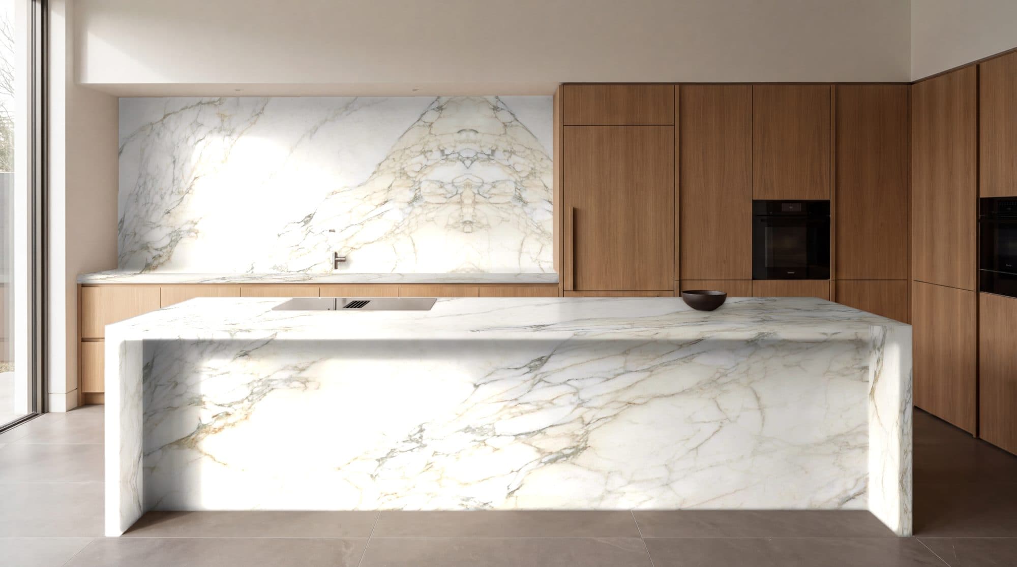 Cocina con isla y salpicadero en Calacatta Vagli, renderizada por el visualizador