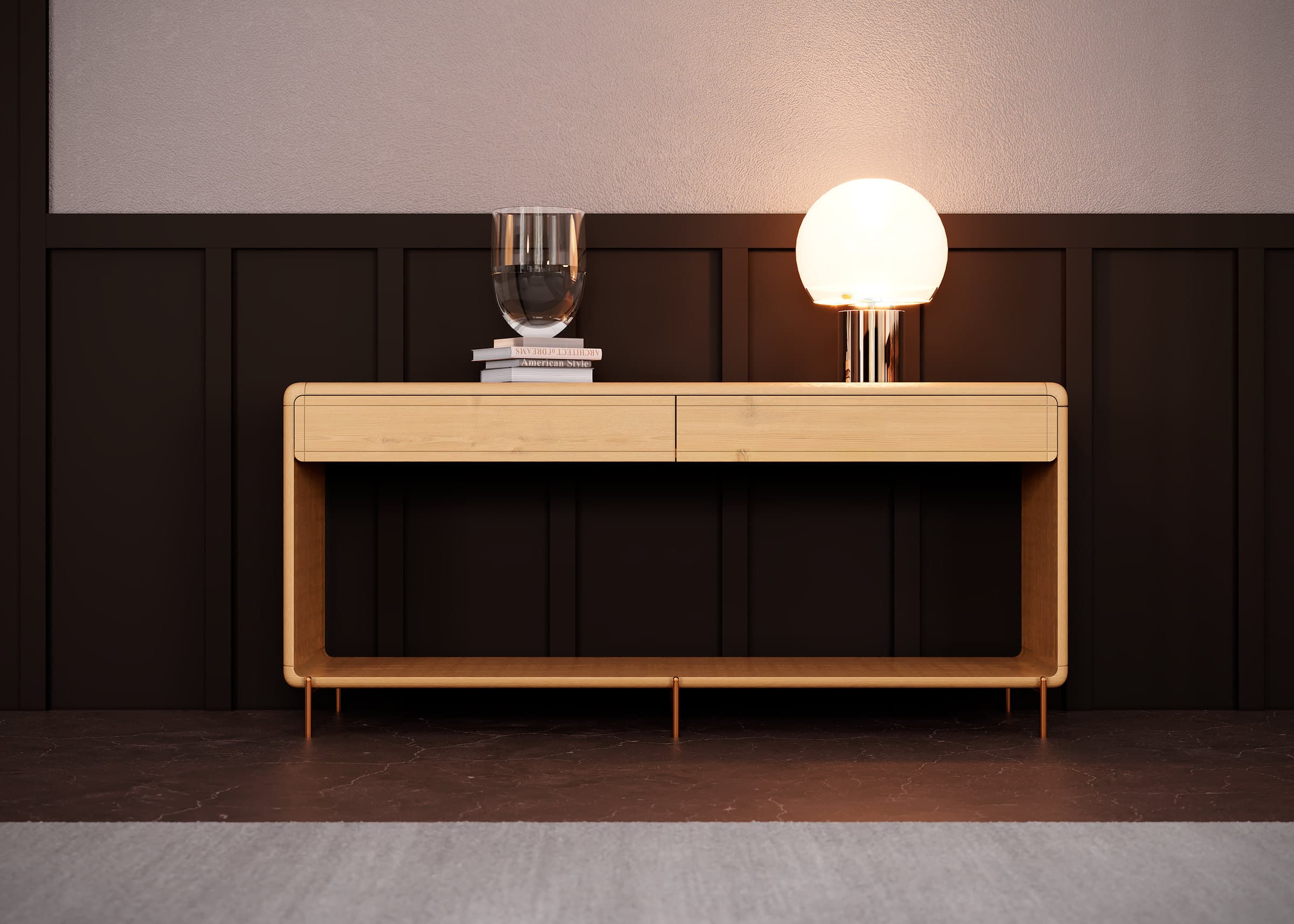 Consola de madera Sierra con lámpara de mesa, en penumbra